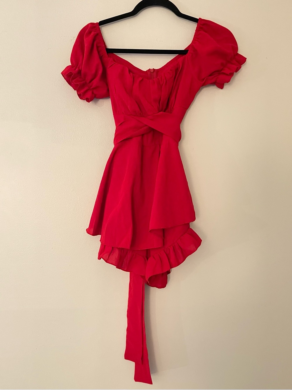 SHEIN Red Puff-Sleeve Ruffle Wrap Romper